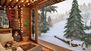 couple relaxing in a cozy cabin in the snow