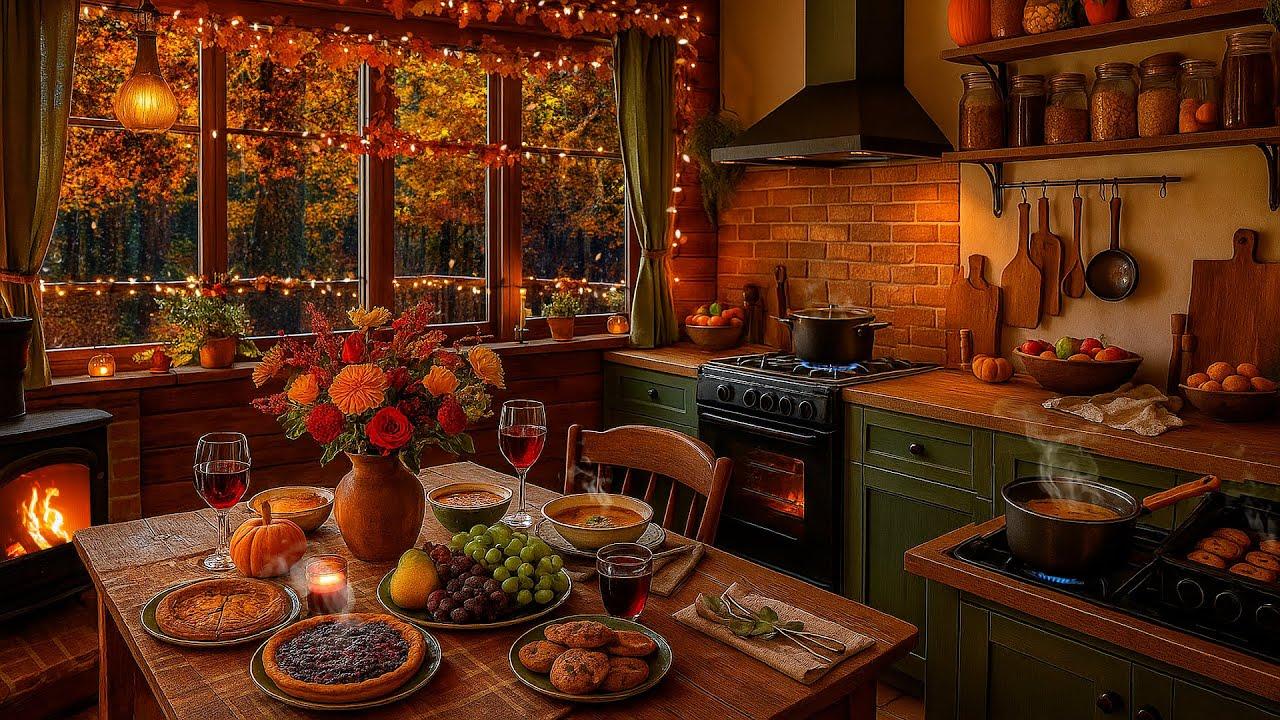 rustic scene of a kitchen with a pot simmering on the stove, cozy winter ambiance