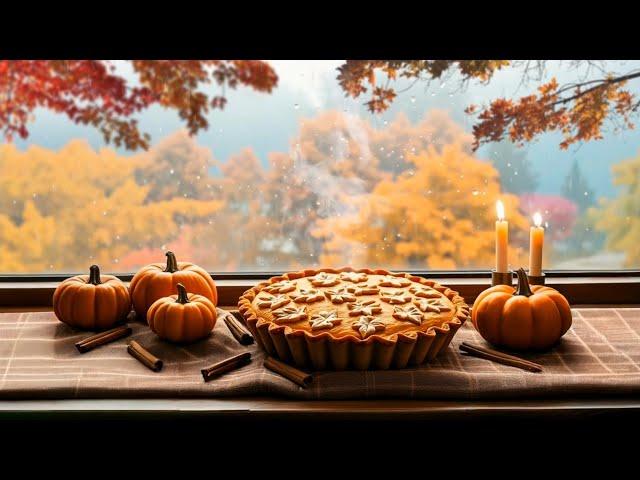 Cozy autumn kitchen scene with a freshly baked pumpkin pie cooling