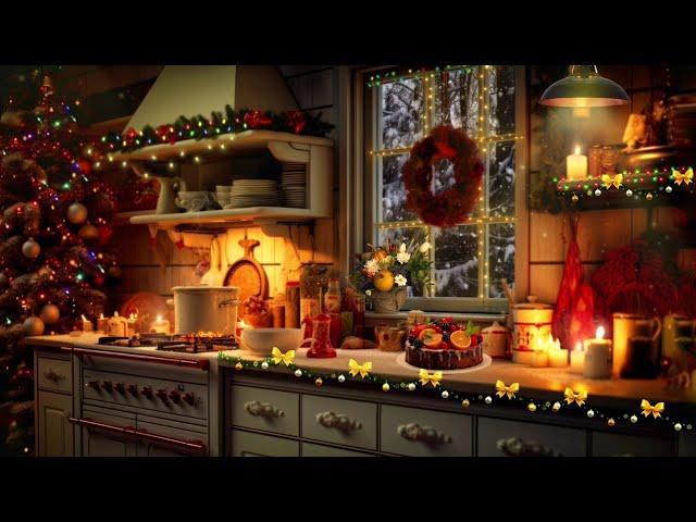 Cozy kitchen scene with warm lighting, a pot simmering on the stove, and holiday decorations.