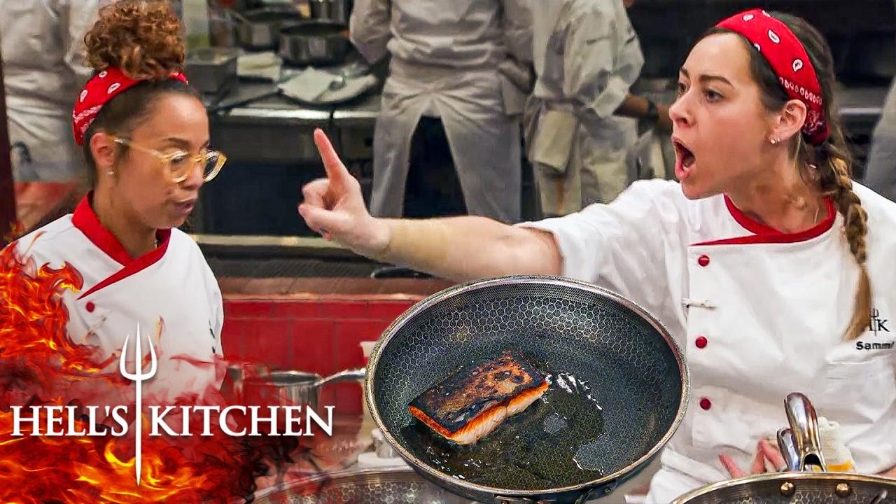 person looking frustrated at overcooked fish, kitchen scene