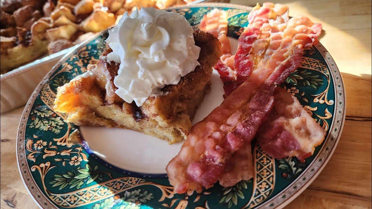 rustic kitchen scene with french toast casserole
