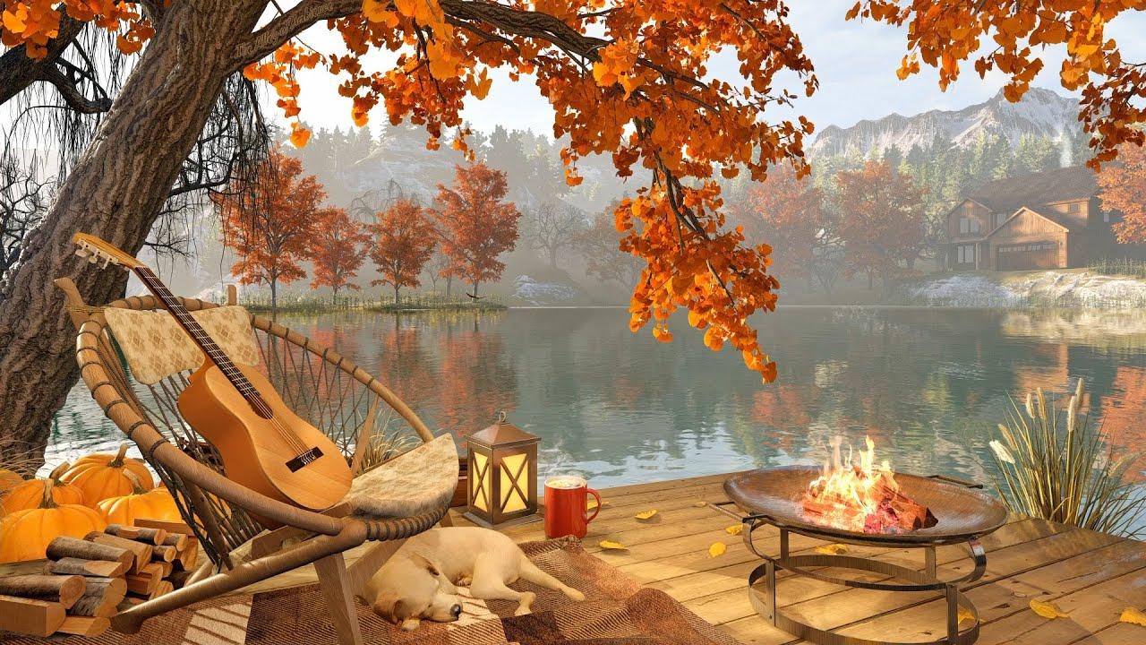 Autumn leaves falling on a rustic outdoor setting, evoking a cozy fall atmosphere