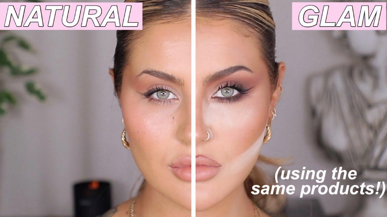 comparison image of heavy makeup vs natural makeup look