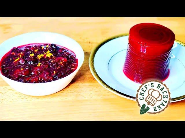 Humorous side-by-side comparison: a perfectly molded canned cranberry jelly next to a rustic, inviting bowl of homemade cranberry sauce with fresh garnishes