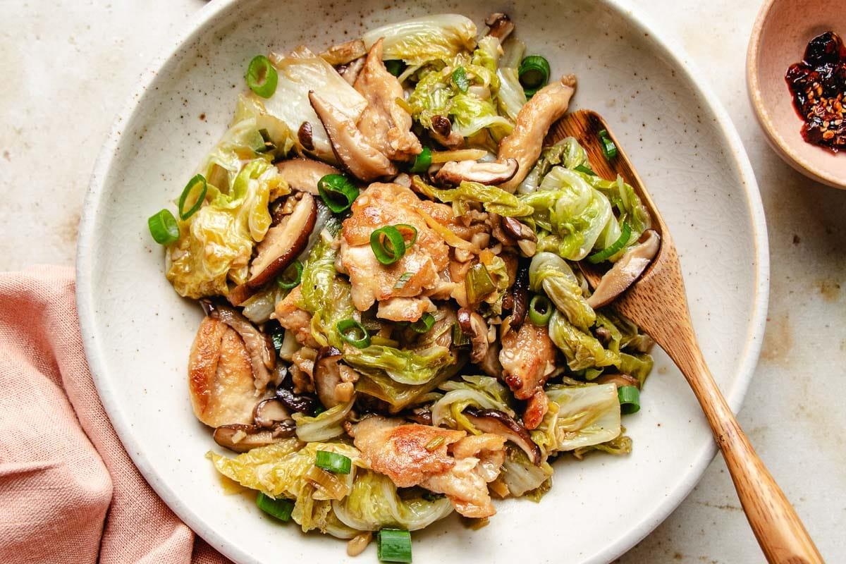Overhead shot of the finished keto chicken and cabbage stir-fry served in a bowl
