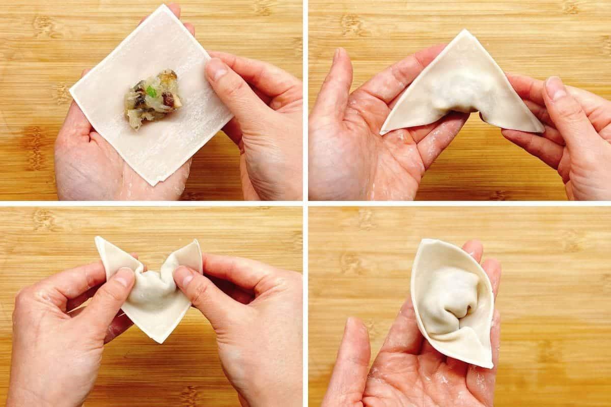 close-up of hands folding wonton wrappers neatly