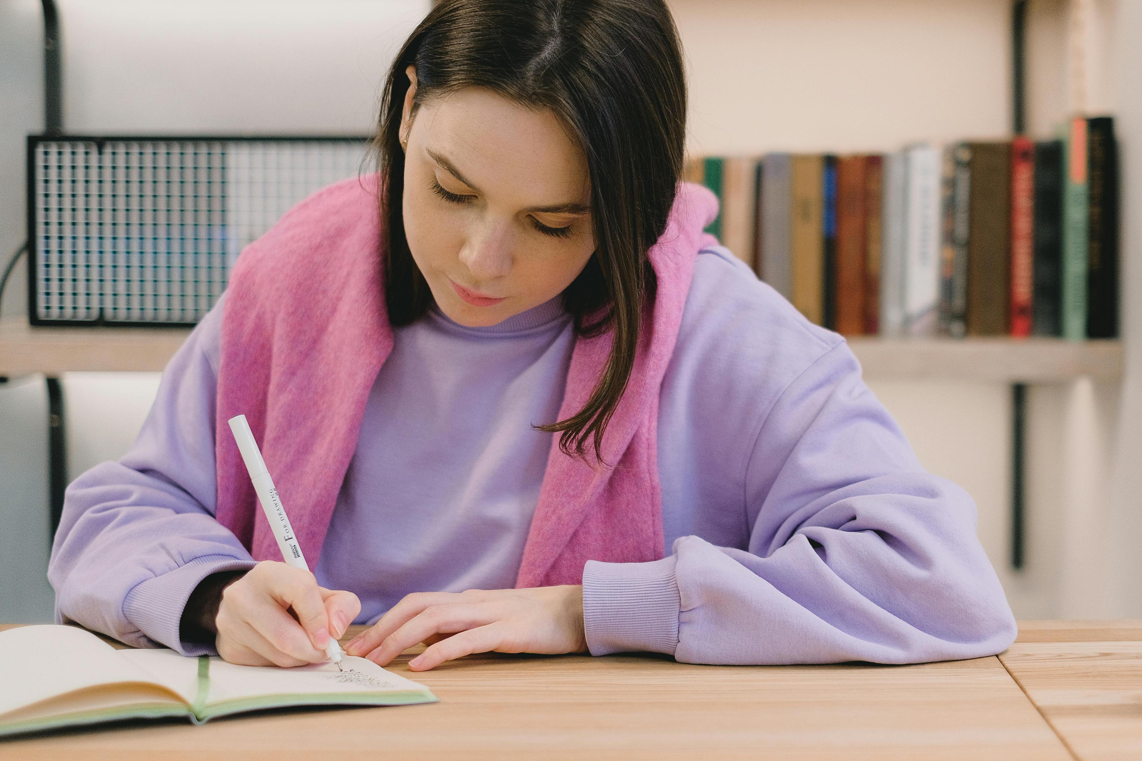 woman taking notes in a notebook with a focused expression
