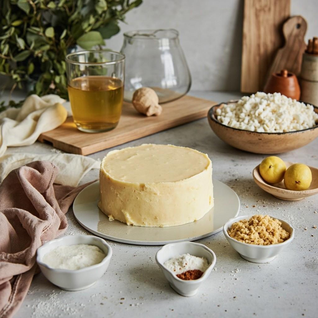 home kitchen scene, baking ingredients on counter, warm light