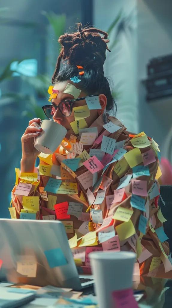 woman overwhelmed by many sticky notes on her desk