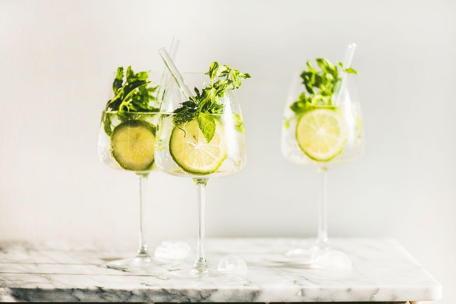 a tray of Cucumber Melon Hugo Fizzes served at an outdoor brunch