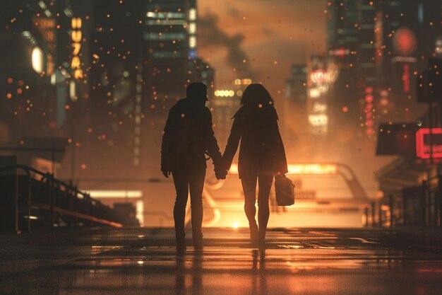 couple holding hands walking in a romantic city