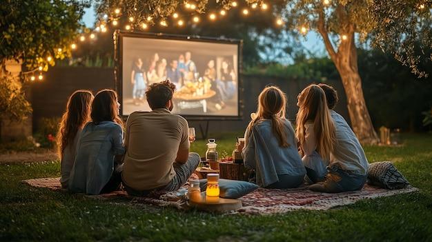 friends laughing and enjoying an outdoor movie night