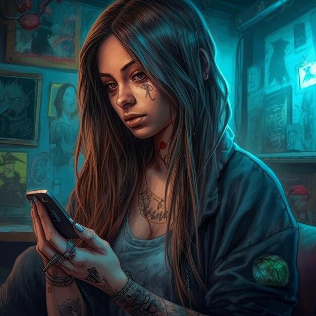 woman looking at tattoo designs on her phone