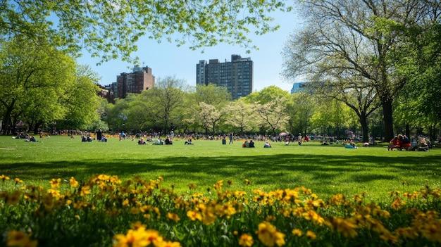 vibrant springtime park in a city