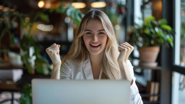 woman celebrating success with laptop and pinterest analytics open