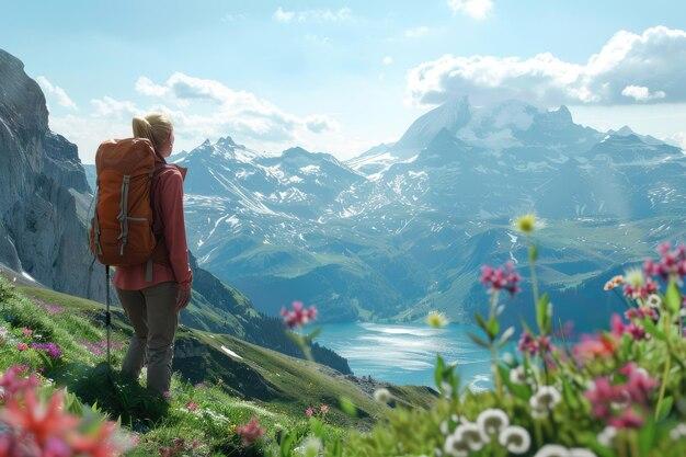 woman hiking in spring mountains