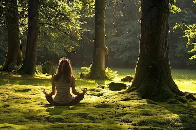 woman meditating in a forest clearing