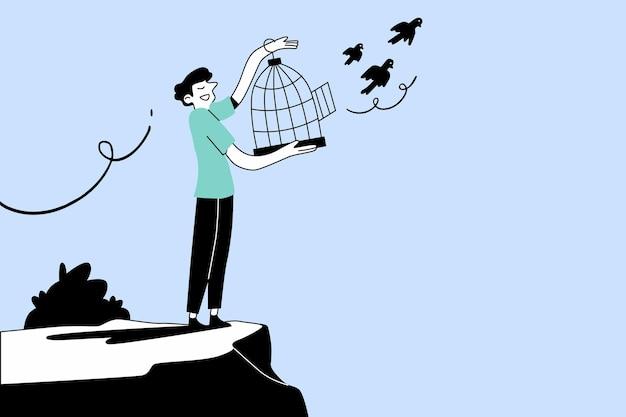 person releasing a bird from a cage