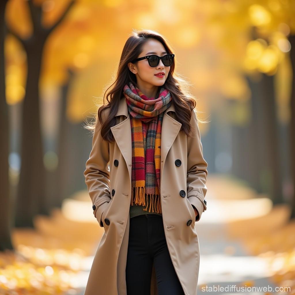 stylish woman in a trench coat and scarf walking through colorful autumn leaves
