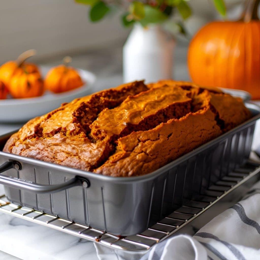 libby's pumpkin bread loaf cooling on a wire rack, autumn leaves in background