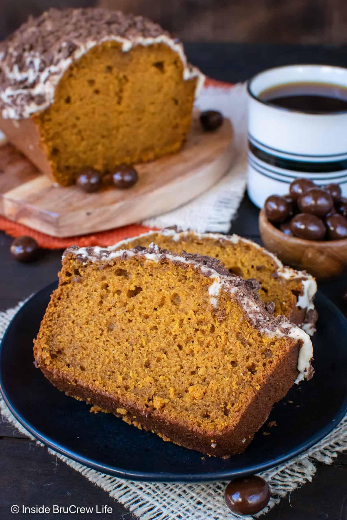 slice of pumpkin bread with a cup of coffee