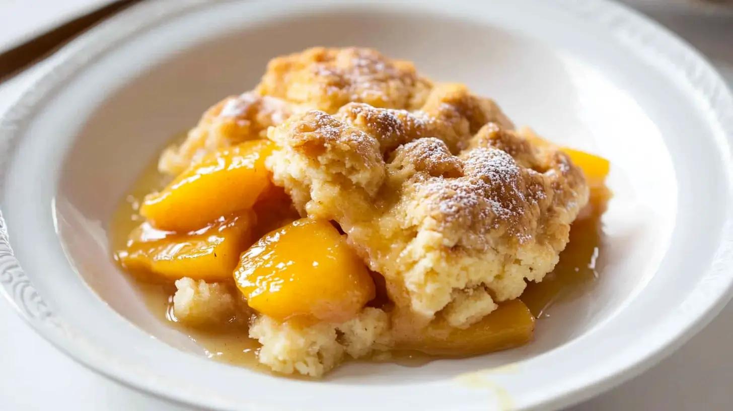 close-up shot of rustic peach cobbler with golden-brown crust