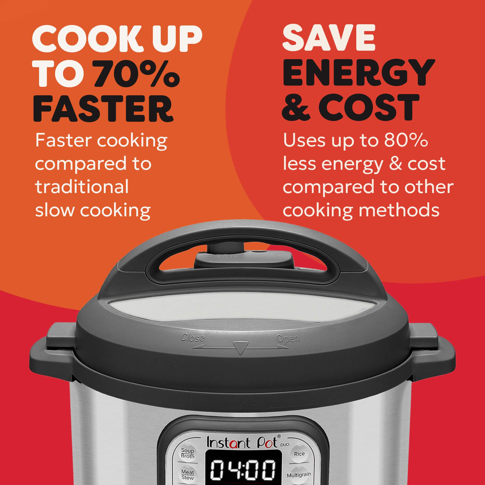 A happy person holding the Instant Pot Duo and a plate of delicious food