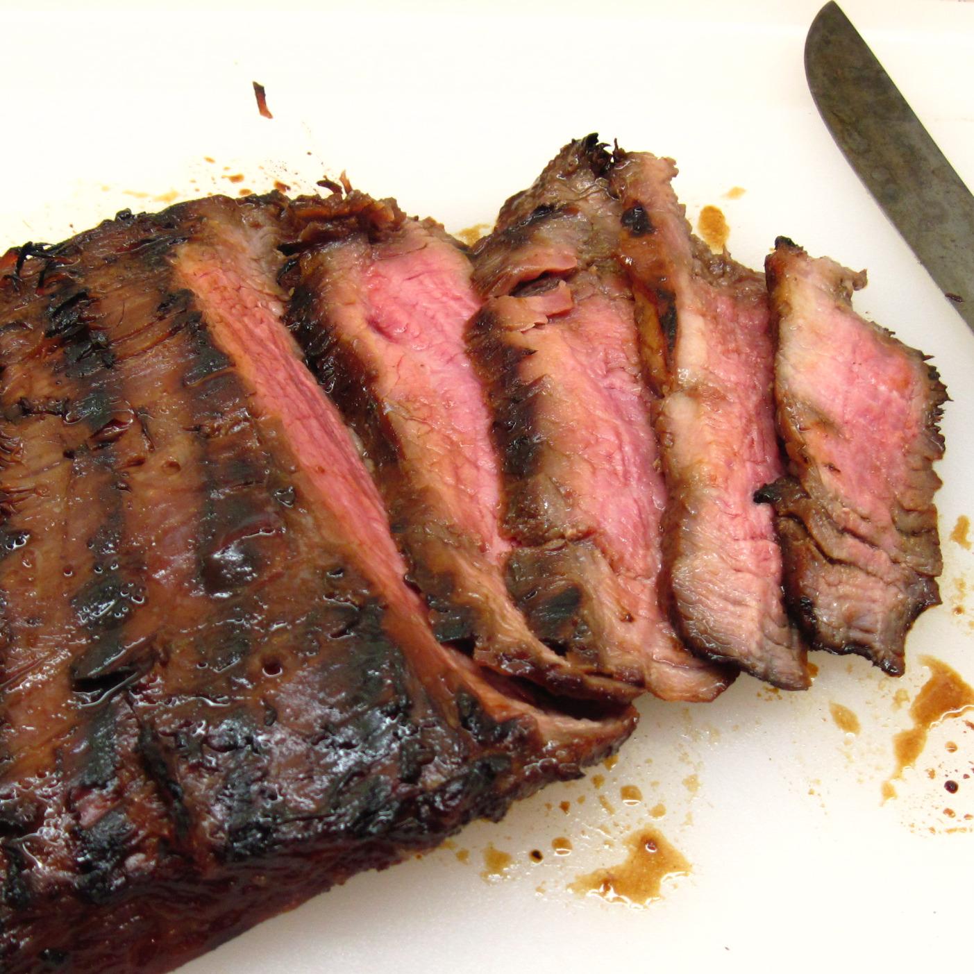 close-up of flank steak marinating in teriyaki sauce