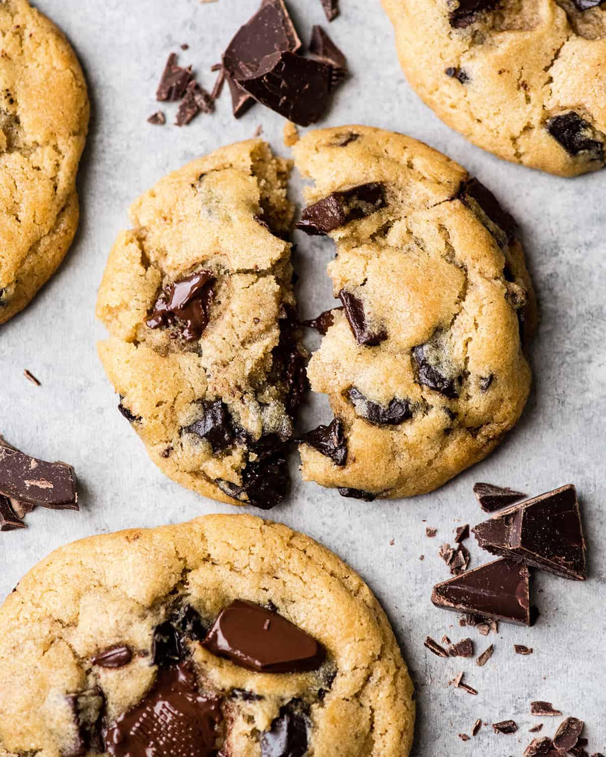 overhead shot of freshly baked chocolate chip cookies