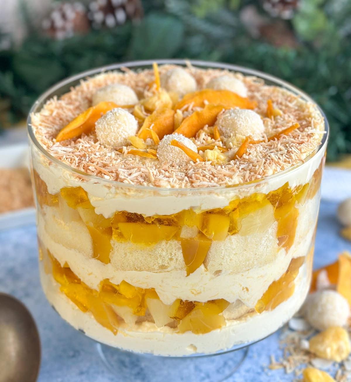 Ingredients for coconut hot chocolate and tropical cream laid out on a wooden table, vibrant mango and pineapple slices visible