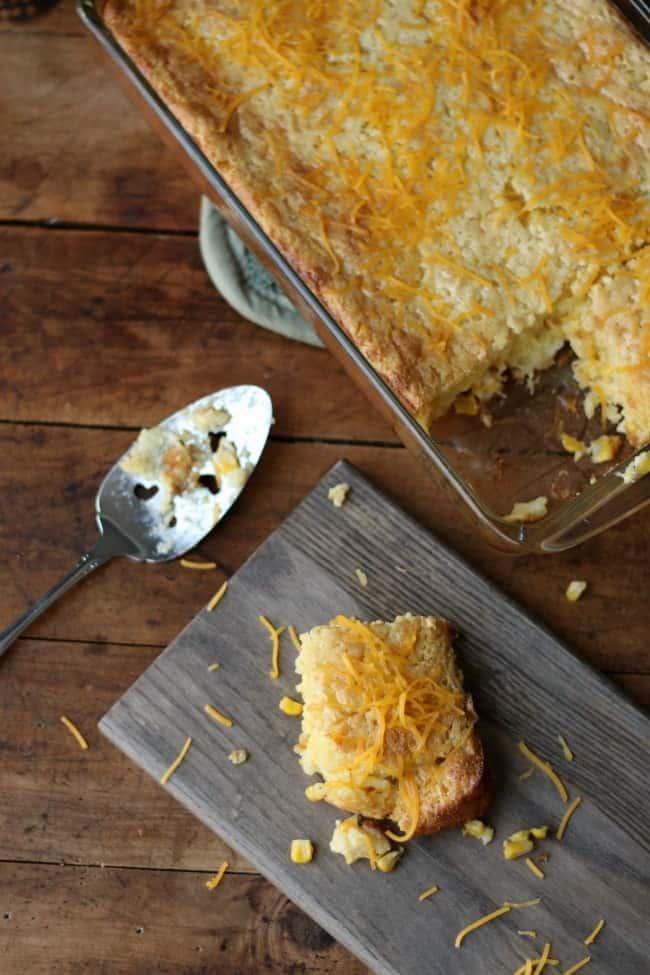 Aunt Carol's kitchen with a corn casserole cooling on a rustic wooden table