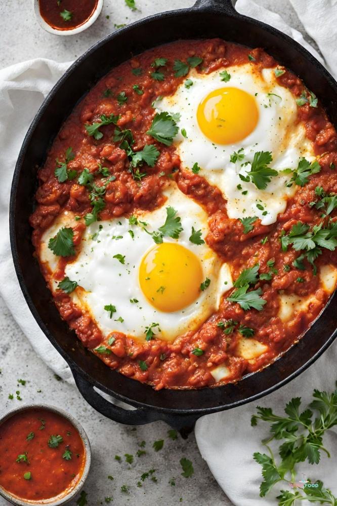 Hand cracking an egg into a simmering tomato sauce in a skillet, vibrant colors