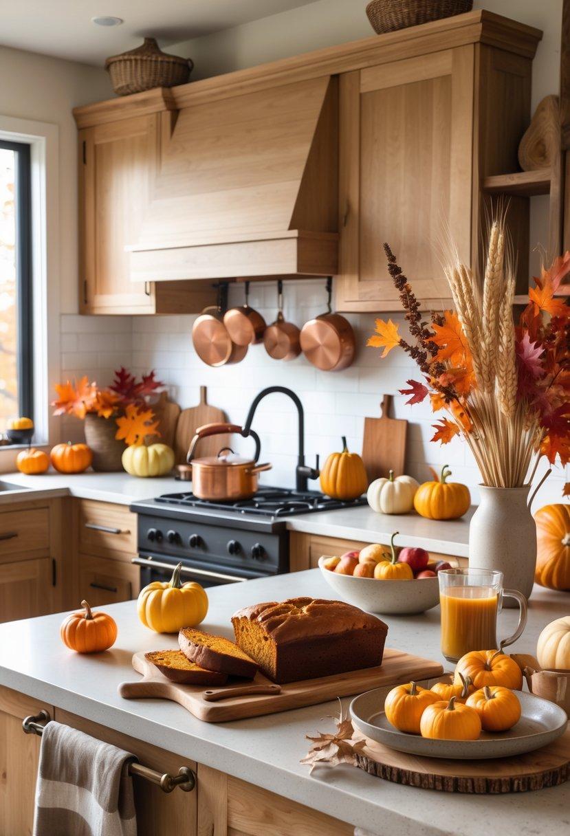 cozy kitchen scene, sweet potatoes on counter, fall colors