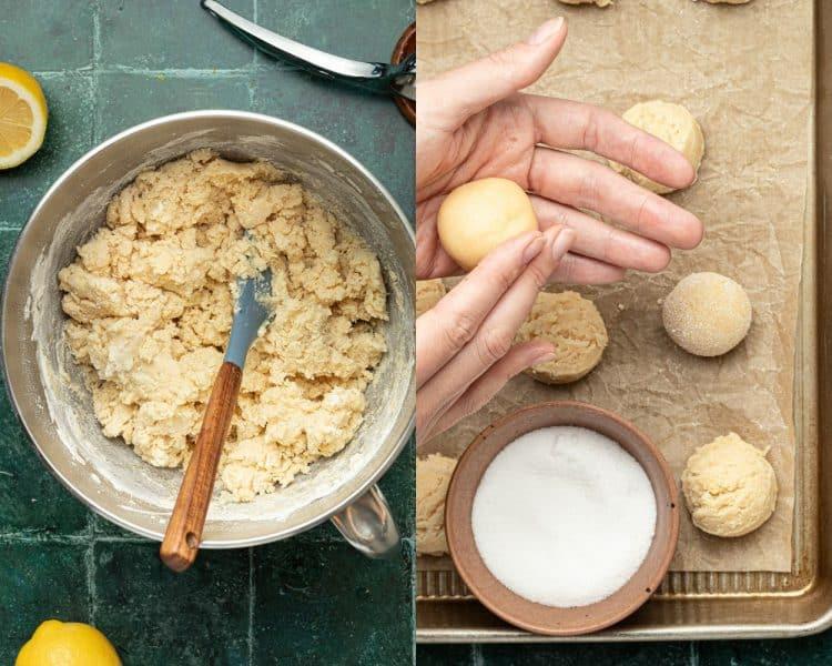 Close-up shot of hands zesting a lemon over a bowl of cookie dough