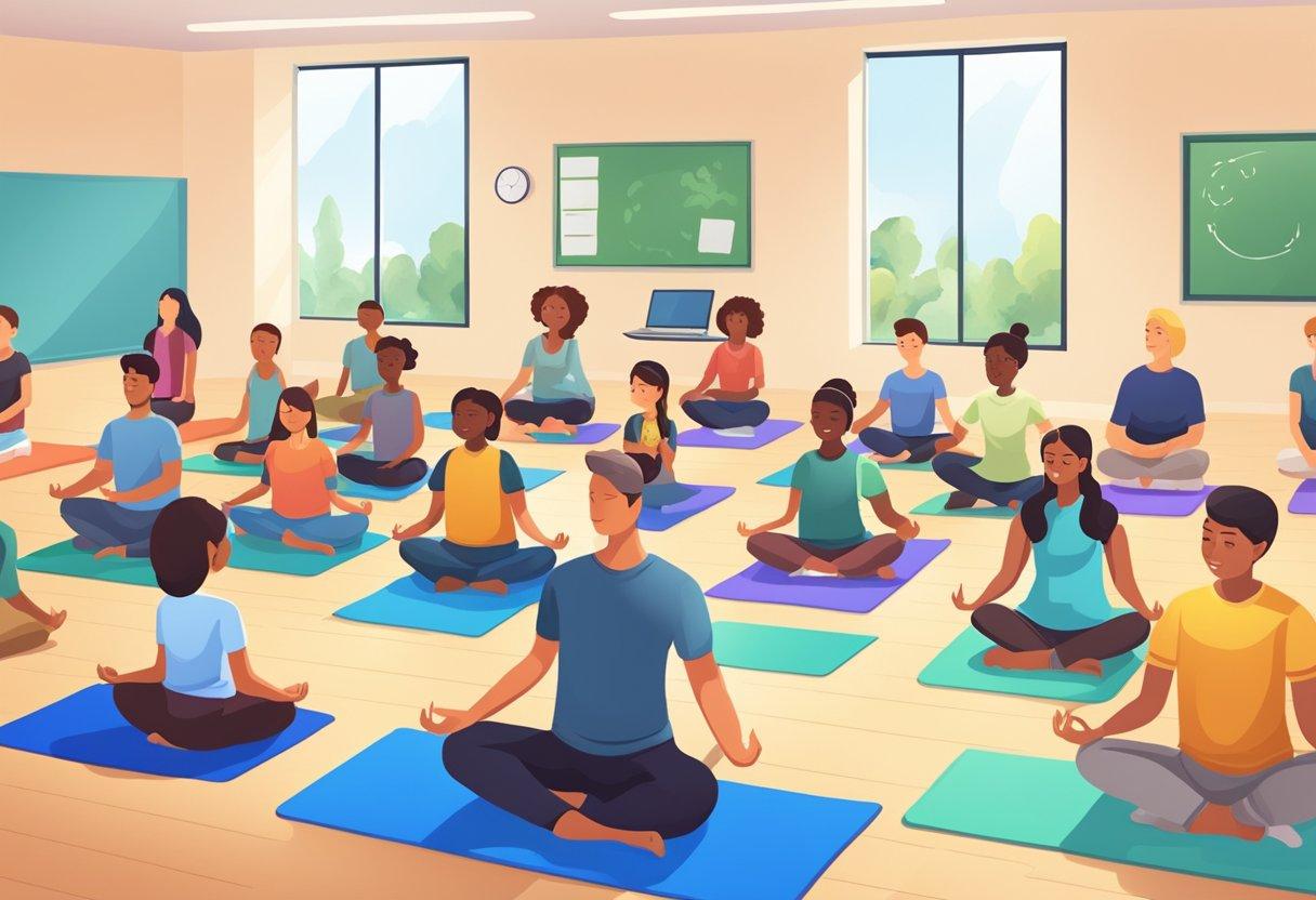 a collage of students practicing mindfulness techniques such as meditation, deep breathing, and yoga