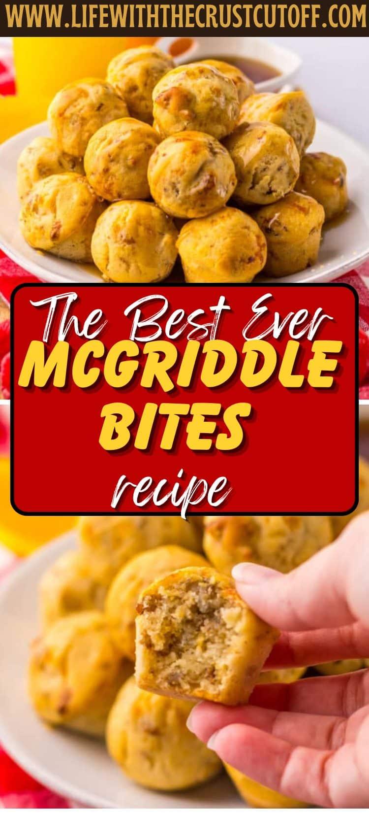 stack of warm McGriddle bites drizzled generously with maple syrup, with a fork ready to pick one up