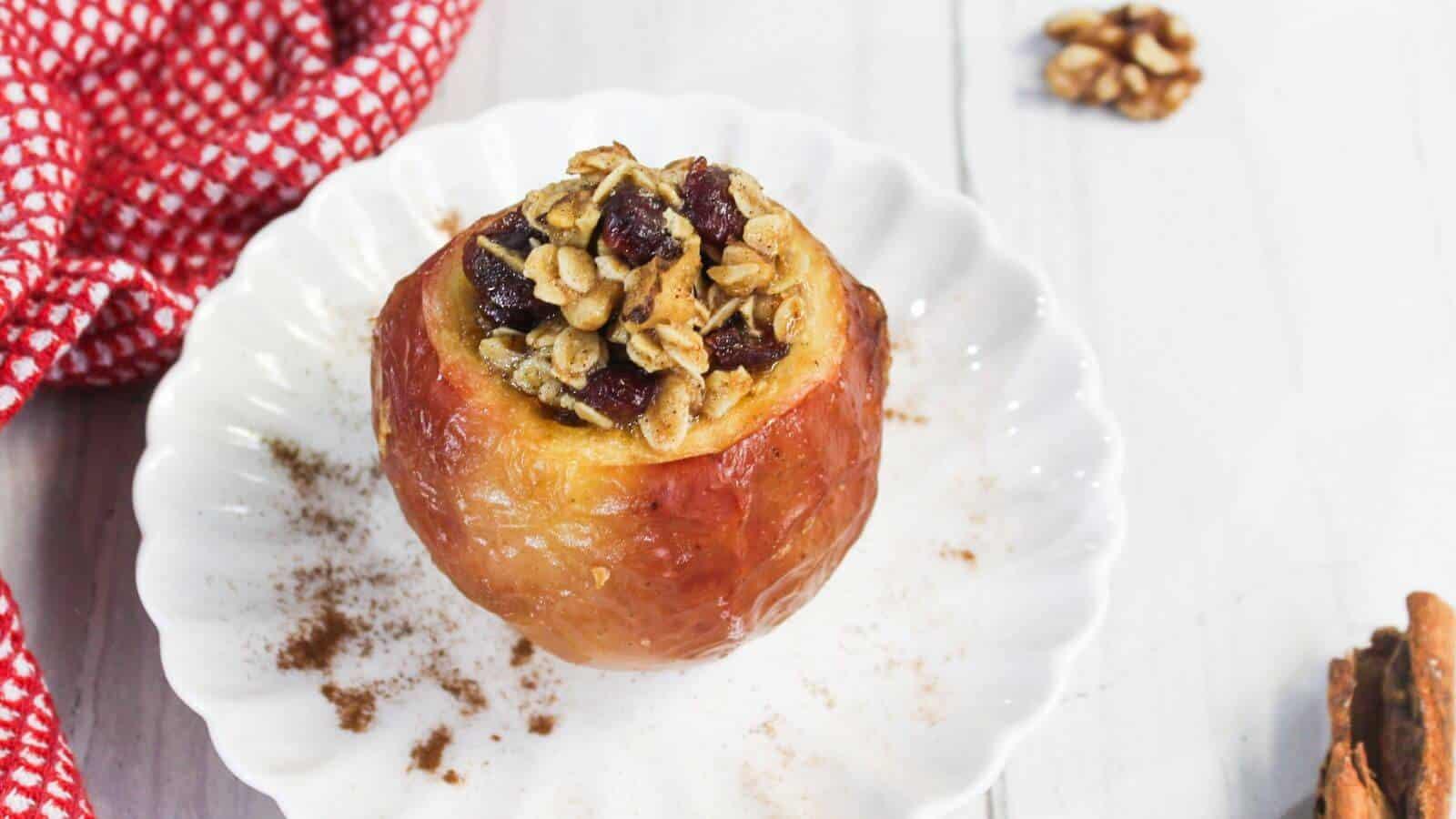baked apples with walnut streusel topping, close up shot