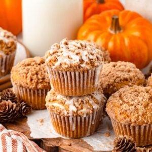 pumpkin streusel muffins on a wooden board