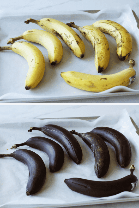 overripe bananas on a kitchen counter, ready for baking
