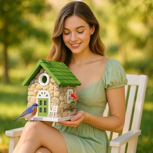 woman smiling, building a birdhouse in her backyard