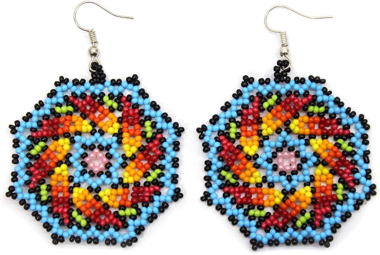 Colorful beaded earrings with various bead types and colors