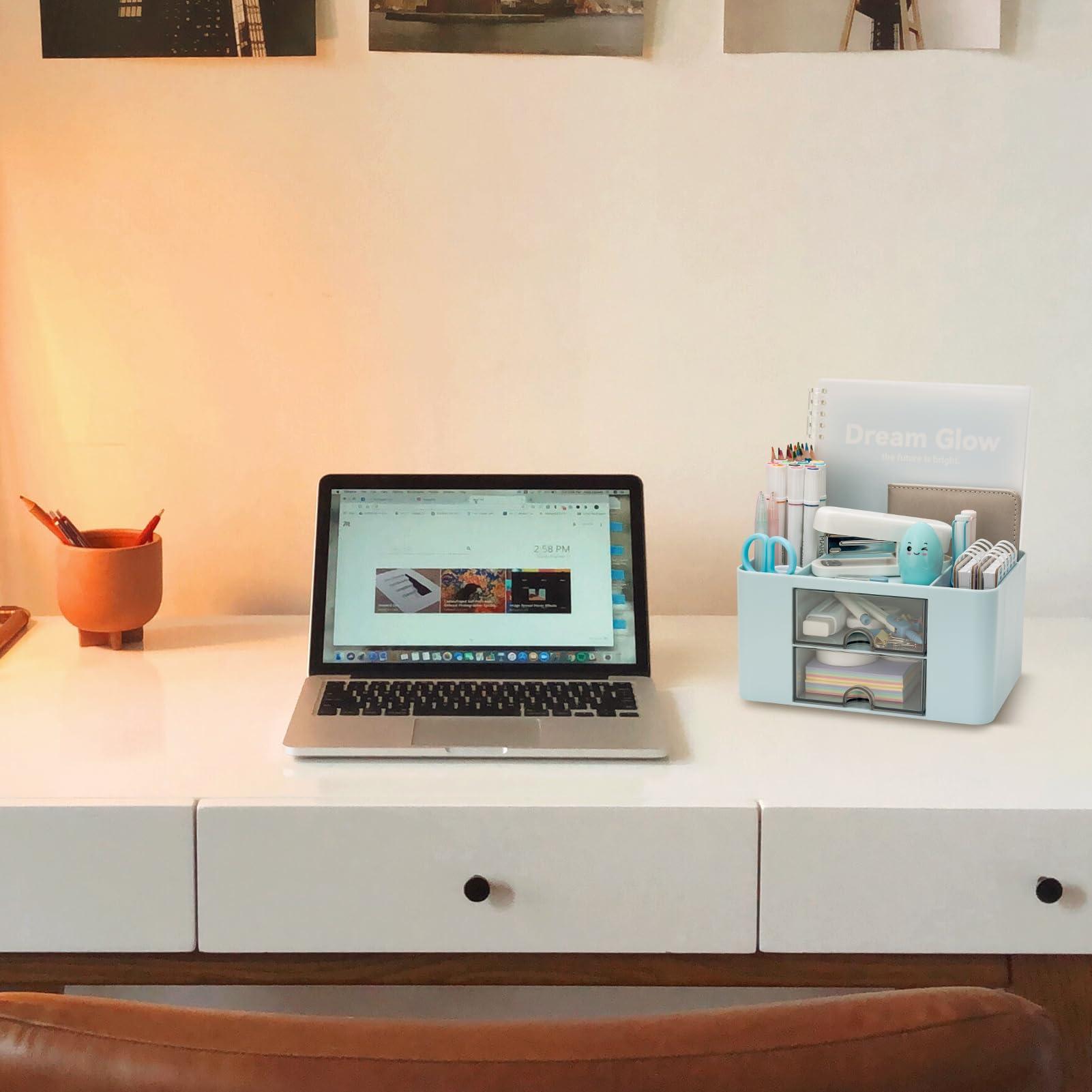 a well-organized desk with various desk organizers, pens, and notebooks