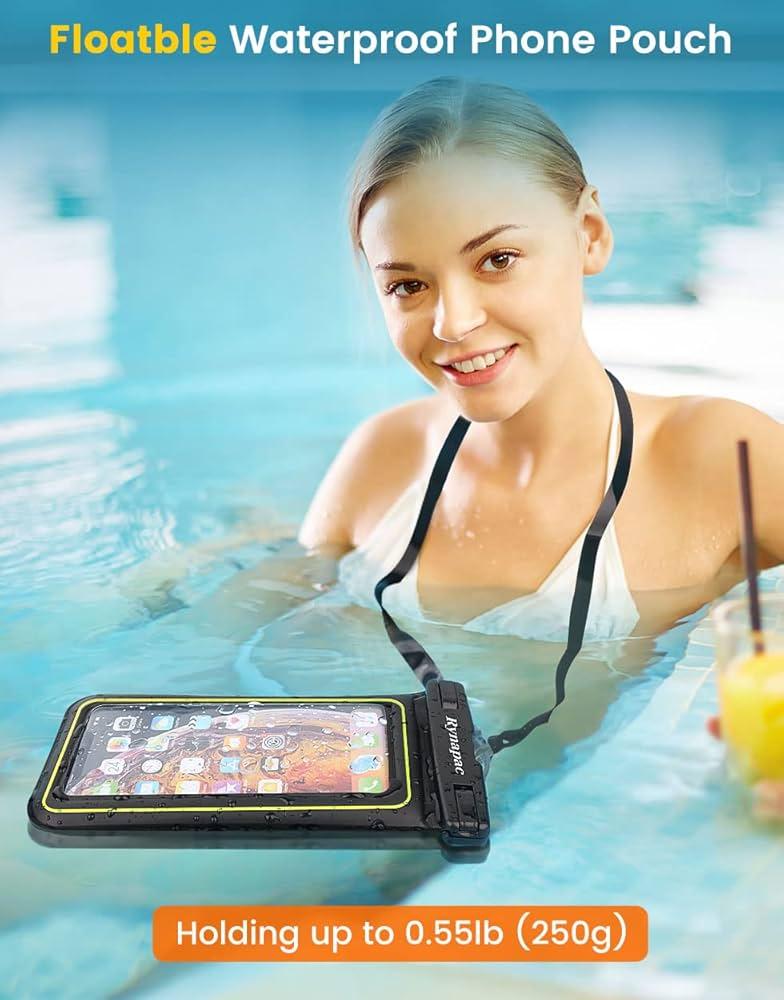 waterproof phone case floating in a swimming pool