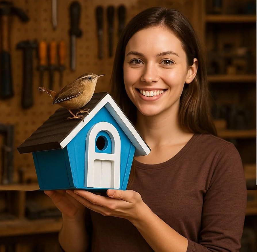 woman building a birdhouse in her backyard on a sunny spring day