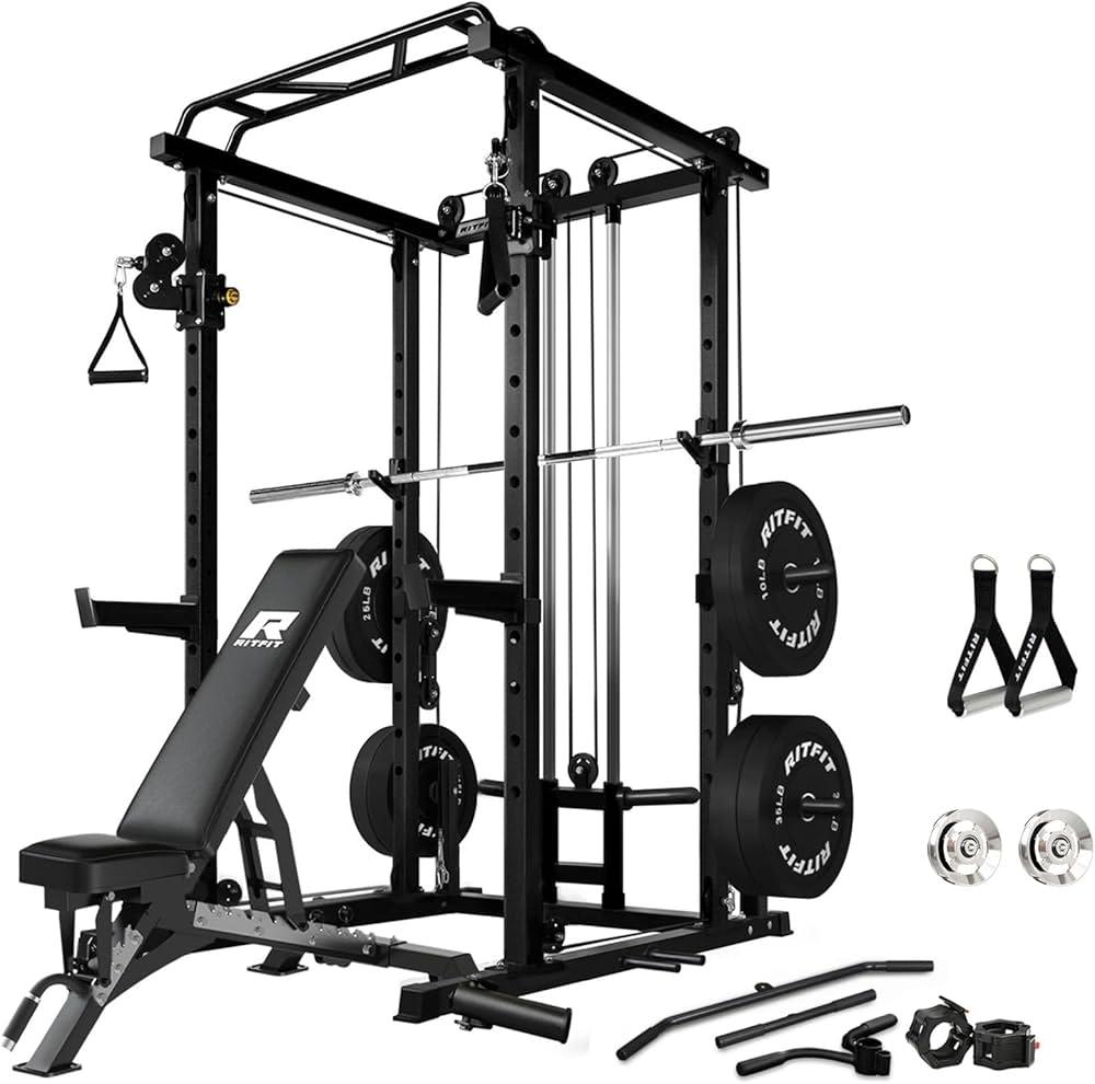 fully equipped home gym with squat rack, weight plates, and cardio machine