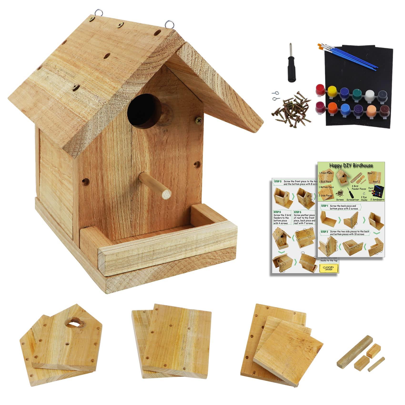 collection of tools and wood for building a birdhouse