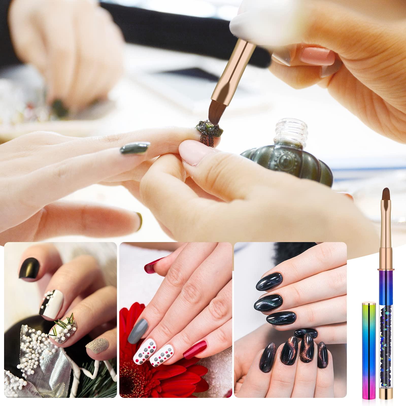 woman applying nail polish with various nail art tools around her
