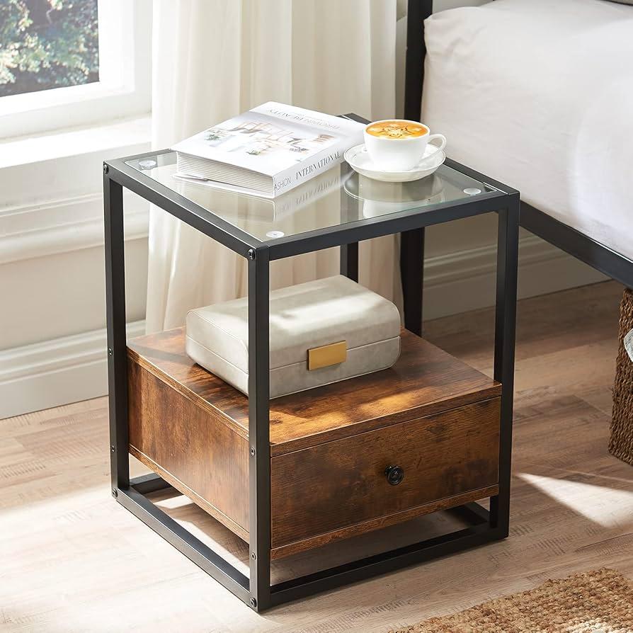 Different types of nightstands: wooden, metal, glass