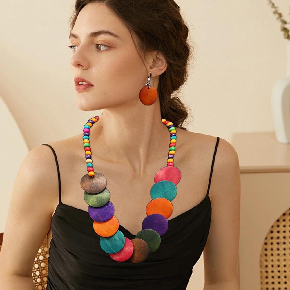 woman wearing a chunky colorful beaded necklace